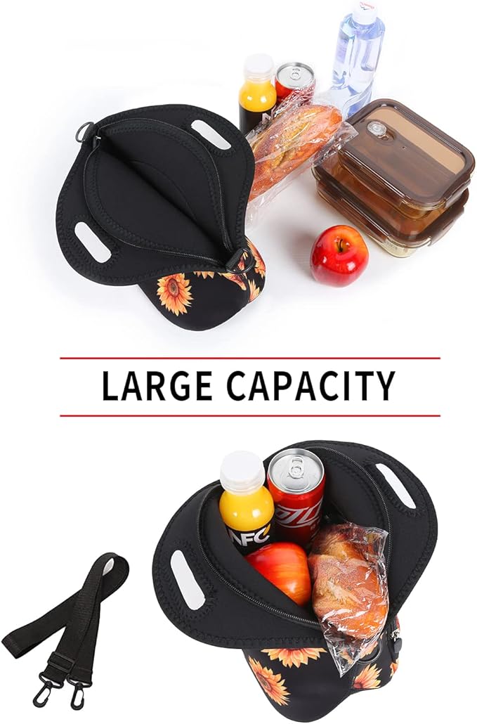 Violet Mist Neoprene Floral Lunch Bag, Sunflower, 12.6"L x 11.8"H x 6.3"W, Adjustable Shoulder Strap, Waterproof, Eco-Friendly