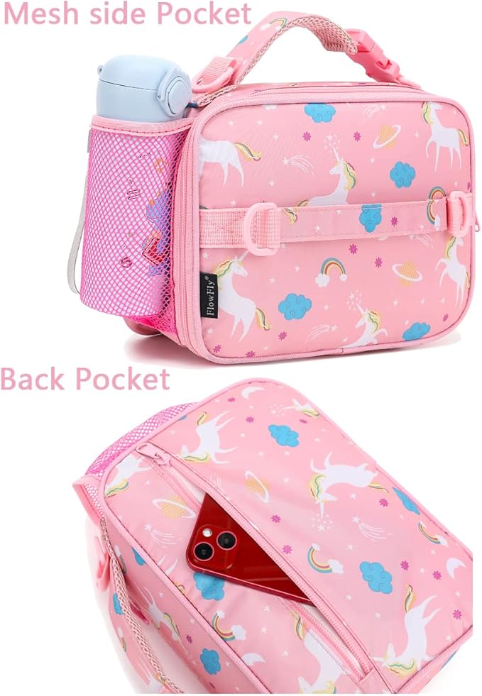FlowFly Kids Lunch Bag, Durable Insulated School Lunch Box with Shoulder Strap and Bottle Holder, Water-resistant Thermal Small Lunch Cooler Tote for Teen Boys & Girls,Pink#Unicorn