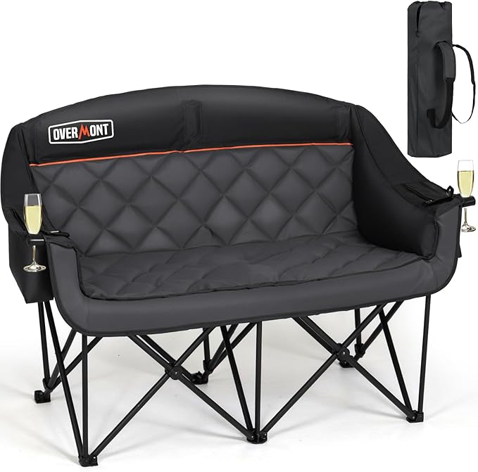 Overmont Oversized Double Camping Chair - 2 Person Comfort Couch Chair Loveseat for Adults - Heavy Duty Lawn Chairs with Cooling Bag&Wine Racks - Support 850LBS Black
