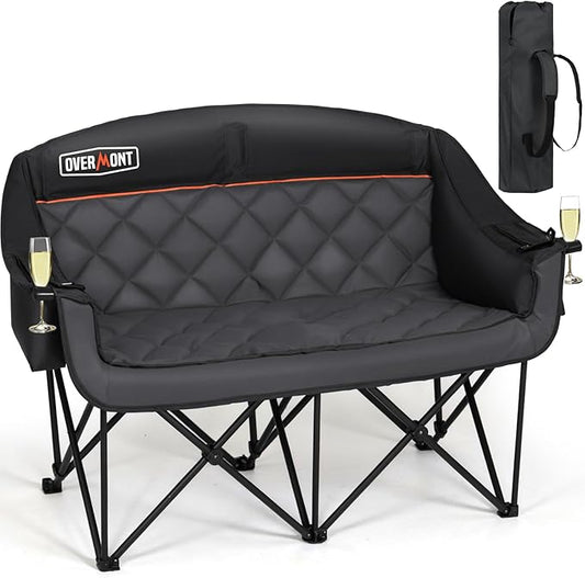 Overmont Oversized Double Camping Chair - 2 Person Comfort Couch Chair Loveseat for Adults - Heavy Duty Lawn Chairs with Cooling Bag&Wine Racks - Support 850LBS Black