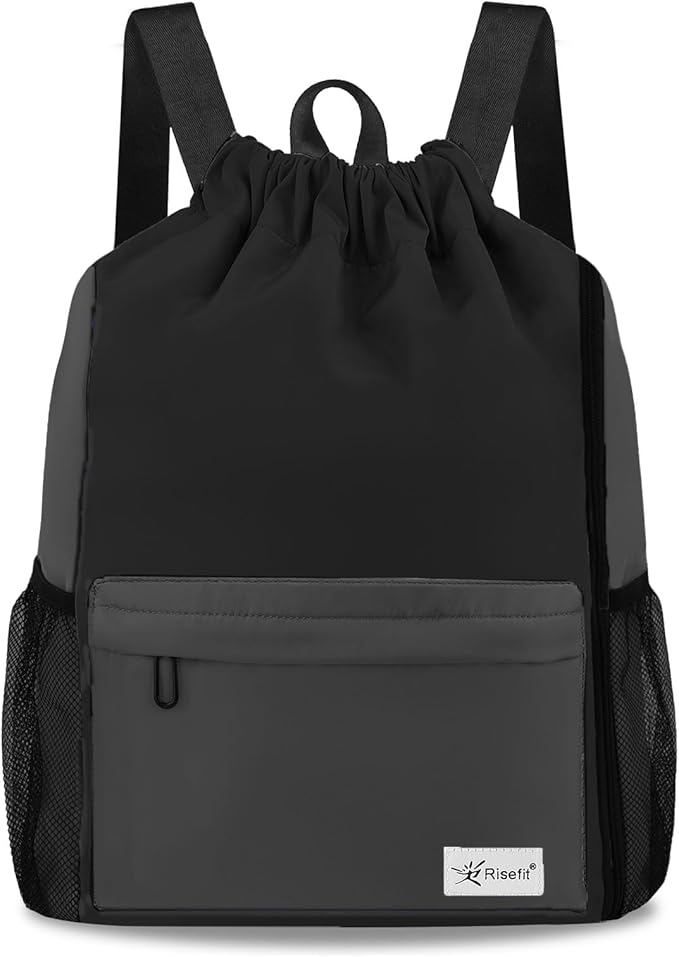 Drawstring Backpack with Mesh Pockets String Gym Bag Sackpack Sandproof Water Resistant Beach Backpack for Men Women