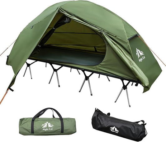 Night Cat Camping Cot Tent for 1 Person Off Ground Elevated Tent Cot Foldable Camping Sleeping Bed with Rainfly Waterproof Green