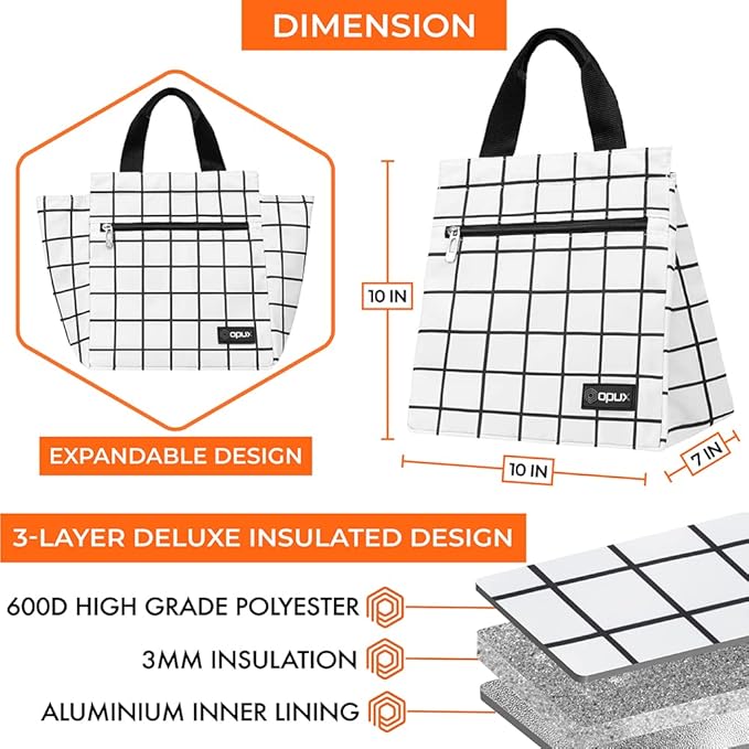 opux Lunch Bag for Women, Insulated Lunch Box Tote for Girls Kids Adult School Work, Reusable Womens Lunch Tote for Office Travel, Cute Small Lunch Tote, Fits 12 Cans - Checker Plaid White