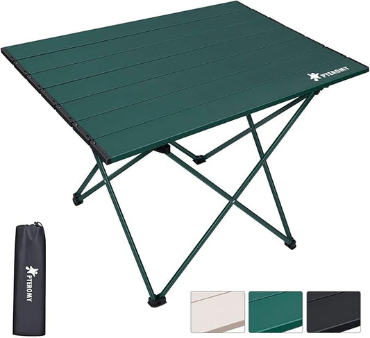 PTEROMY Folding Camping Table, Portable Beach Table with Ultralight Aluminum Tabletop for Travel, Outdoor, Camping, Picnics, and BBQs (Medium, Green)