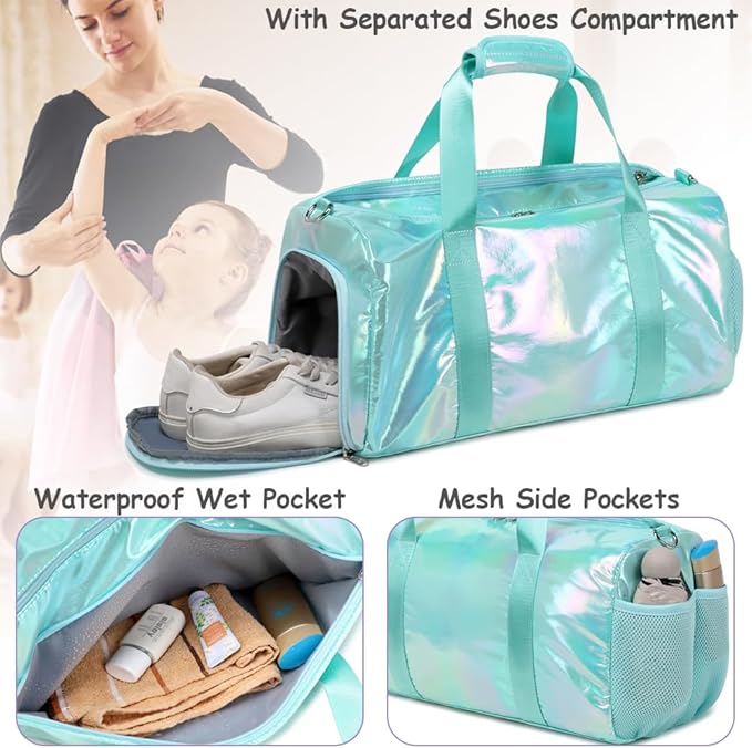 Dance Bag for Girls Gym Bag Sports Duffle Bag with Shoes Compartment Wet Pocket Weekender Overnight Bag for Girls Women Teens Travel Duffle Bag Water Resistant
