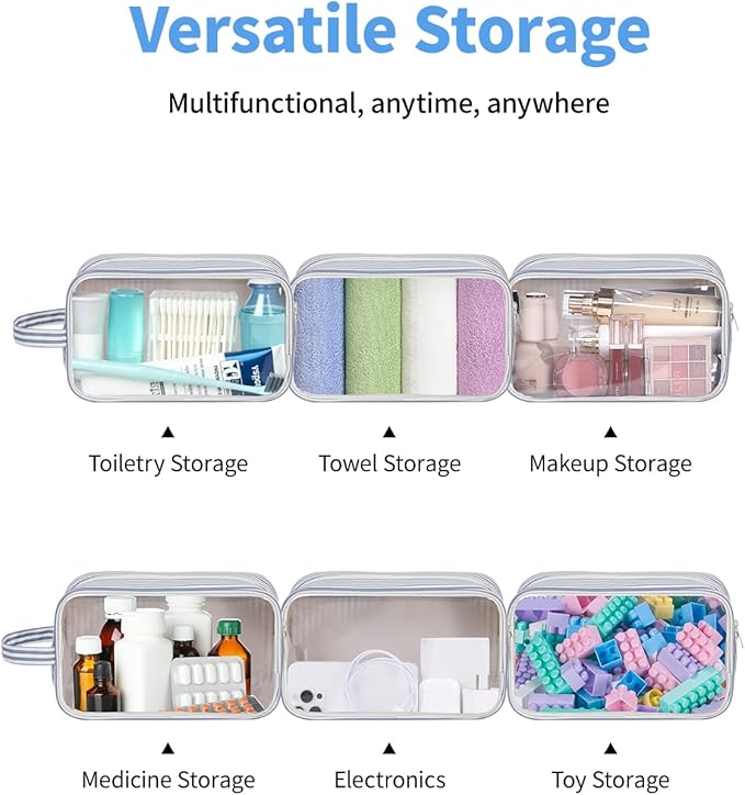 Narwey Striped Clear Makeup Bag Cosmetic Bag with Zipper for Travel, Clear Toiletry Bags for Traveling Toiletries Women Men, Make Up Pouch with Handle, Skincare Bag (Greyish Blue Stripe)