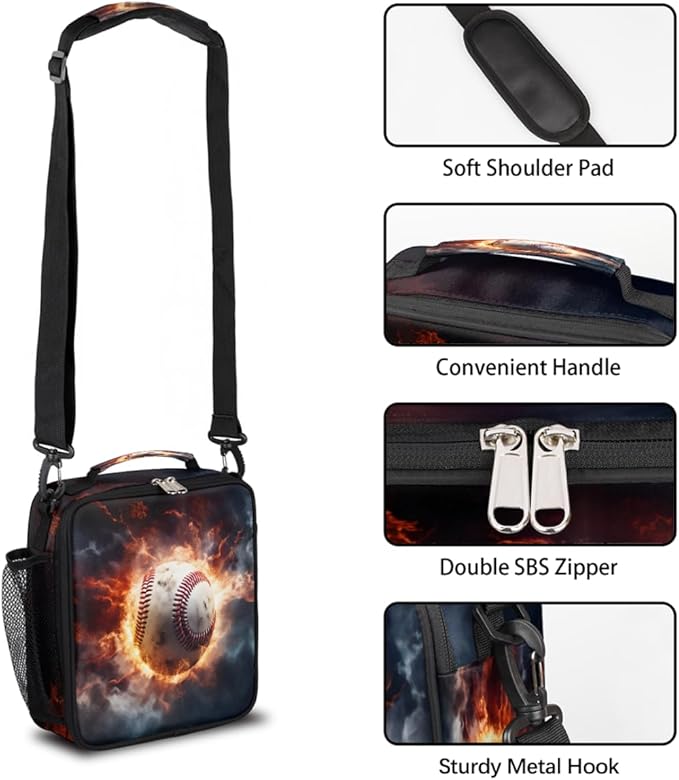 cfpolar Baseball Lunch Box for Boys Girls, Insulated Lunch Bags for Kids Reusable Mini Cooler Lunch Tote Lunchbox Thermal Meal Tote Kit with Shoulder Strap for Work School Picnic