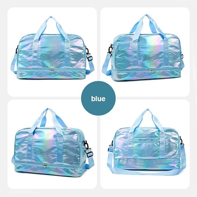 Holographic Shimmering Gym Duffle Bag with Shoes Compartment & Wet Pocket, Women Weekend Overnight Travel Bag Gymnastic Dance Bag for Girl (blue)