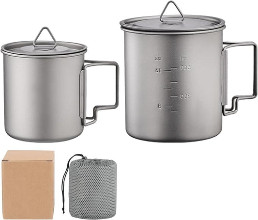 BY-J Titanium Camping Cookware Set – 750mL & 420mL Titanium Pot with Lid and Foldable Handle, Compact Backpacking and Travel Kitchenware for Camping, Hiking and Fishing