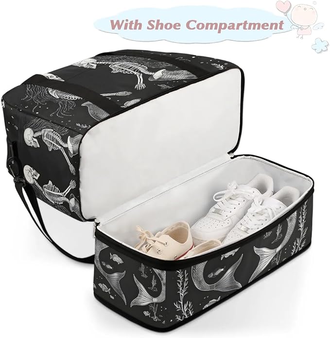 cfpolar Woman Travel Duffel Bag Skull Mermaid Foldable Tote Carry On Luggage Sports Gym Bag With Shoe Compartment Overnight Weekend Yoga Workout Bag Training Handbag