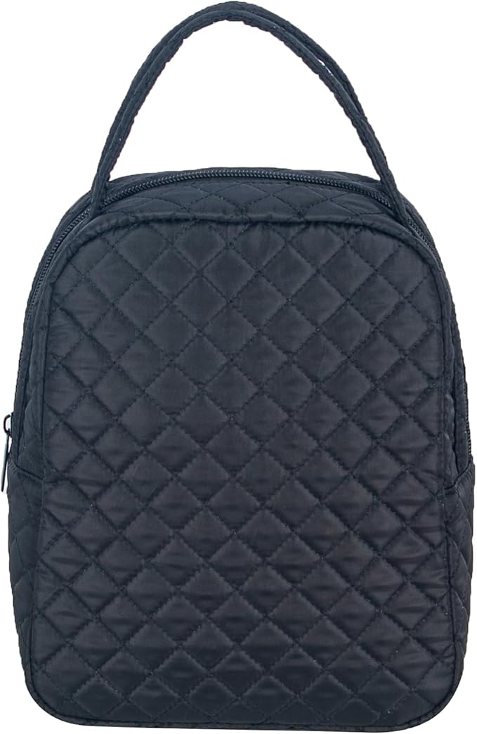 Machine Washable Women Quilted Fabric Insulated Reusable Cooler Lunch Bag Tote Adult Thermal Lunch Box Storage Bag for Ｗork (Black)