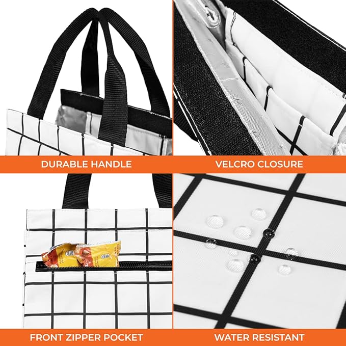 opux Lunch Bag for Women, Insulated Lunch Box Tote for Girls Kids Adult School Work, Reusable Womens Lunch Tote for Office Travel, Cute Small Lunch Tote, Fits 12 Cans - Checker Plaid White