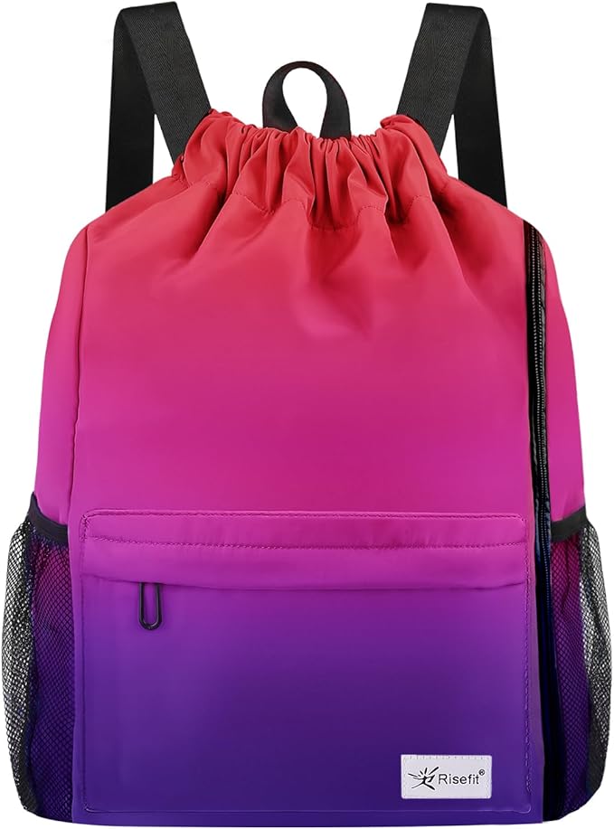 Drawstring Backpack with Mesh Pockets String Gym Bag Sackpack Sandproof Water Resistant Beach Backpack for Men Women