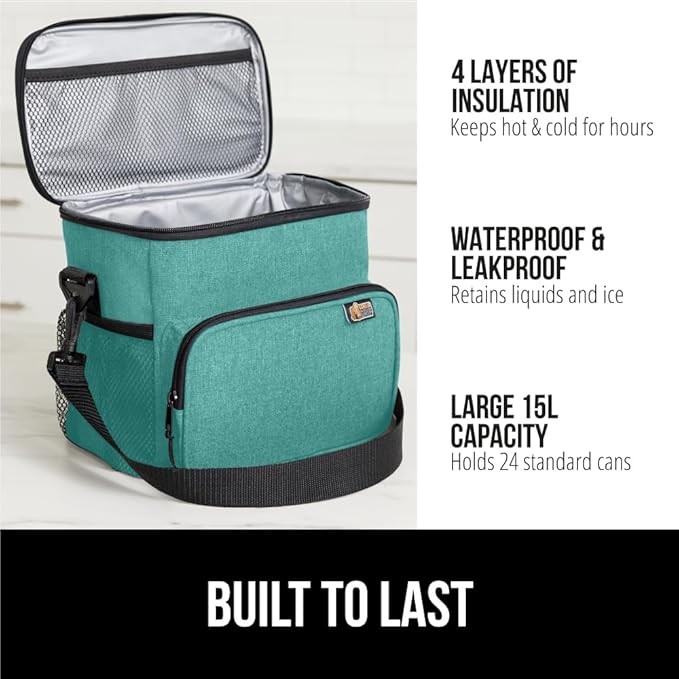 GORILLA GRIP Reusable Insulated Lunch Box Bag for Women Men, 15L, Leakproof XL Soft Cooler Bags, Multiple Compartments, Mesh Pockets and Adjustable Strap, Food Tote Keeps Drinks Cold, 13x9, Turquoise