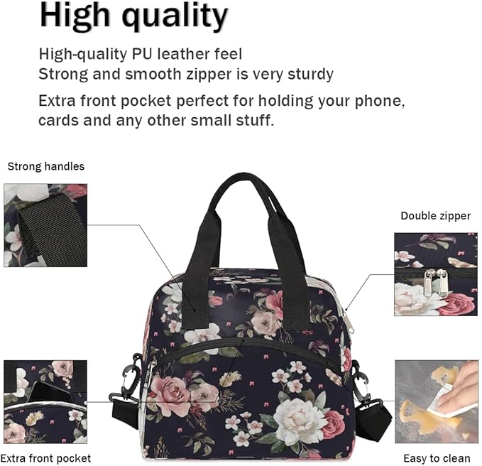 Insulated Lunch Bags for Women - Portable Leakproof Thermal Lunch Box Tote for Adult Men Cooler Bag with Adjustable Shoulder Strap for Work, Beach, Picnic or Travel (Flowers)