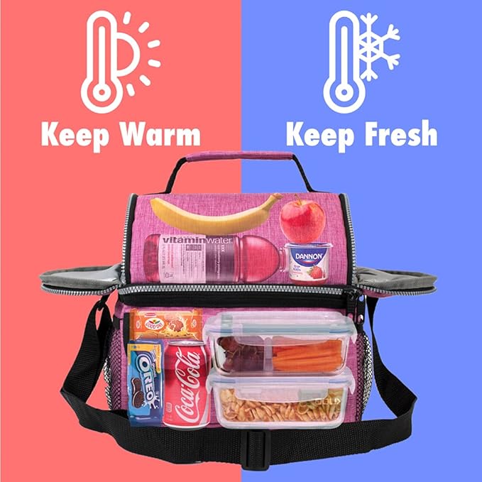 opux Lunch Bag Women Insulated, Adult Lunch Box Cooler, Lunch Box for Men, Dual Compartment Lunchbox for Work, Leakproof Double Decker Lunch Bag, Soft Lunch Pail Tote Girls Boys Kids School, Pink