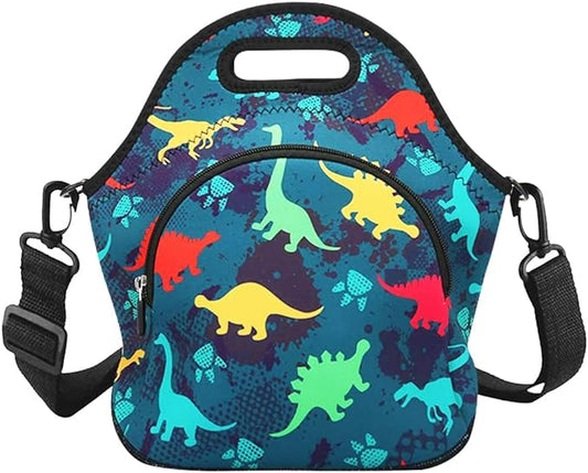Violet Mist Neoprene Lunch Bag Insulated Lunch Bag Tote Cute Dinosaur Large Thermal Lunchbags with Extra Pocket Detachable Adjustable Shoulder Strap Lunchbox Food Handbags Gifts for Women Men Adult