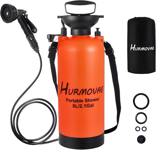 2.1 Gallon/8L Portable Shower for Camping–10 Spray Modes, Insulated Water Sprayer, Portable Beach Shower for Surfing, Hiking, Dog Shower, Orange