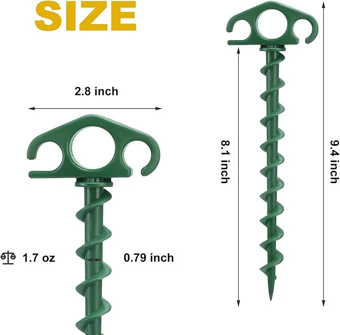 Tent Stakes Sand Stakes for Beach Tent 6 Pack Spiral Anchor Stakes 9.4 Inch Heavy Duty Screw Canopy Stakes for Camping, Hiking and More (6, Green)