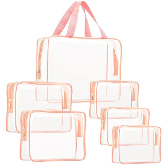 6Pcs Crystal Clear PVC Travel Toiletry Bag Kit for Women Men, Waterproof Vinyl Packing Organizer Storage Bags with Zipper Handle Straps, Cosmetic Pouch Carry on Airport Airline Compliant Bag Handbag