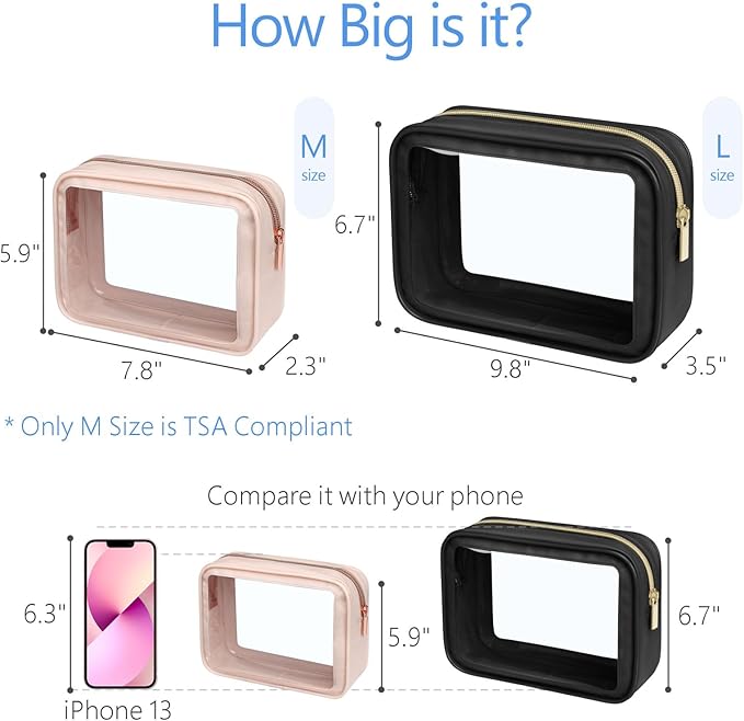 PACKISM TSA Approved Toiletry Bag - 2 Pack Upgrade Color-Edged Clear Makeup Bag, Clear Toiletry Bag For Traveling Fits Various Storage Needs, Black/Pink (2 Sizes)