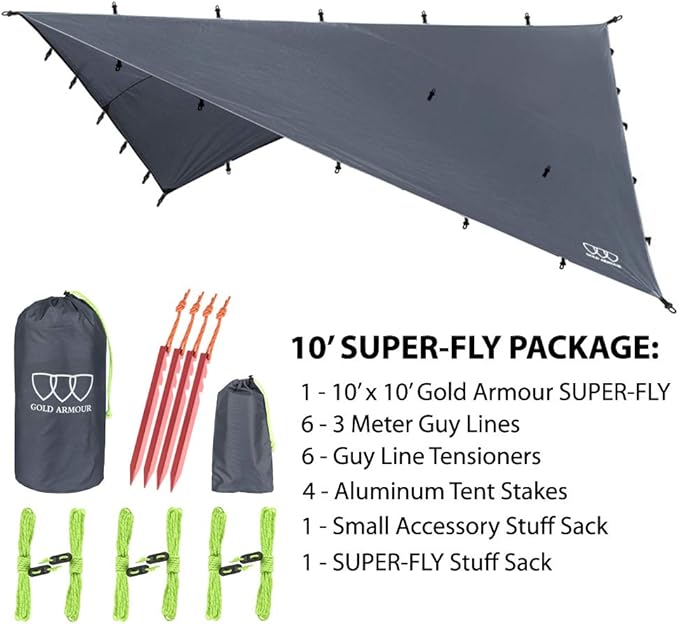 Gold Armour Rainfly Tarp Hammock, Premium 14.7ft/12ft/10ft/8ft Rain Fly Cover, Waterproof Ultralight Camping Shelter Canopy, Survival Equipment Gear Camping Tent Accessories (Gray 10ft x 10ft)