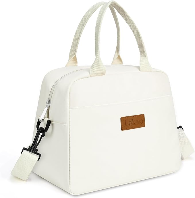 LOKASS Lunch Bag for Women-Insulated Adults Lunch Box with Front Pocket- Small Cute Lunch Tote for Work-Reusable Cooler Bag for Office Picnic Beach or Travel（White）