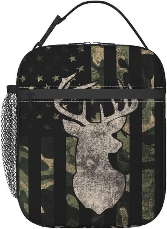 Camouflage Hunting Tactical Deer Camo American Flag Lunch Box Insulated Lunch Bag for Kids Boys Girls, Portable Kids Lunch Box Reusable Cooler Totes for School Work Picnic