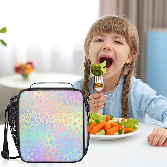 Leopard Print Kids Lunch Bag Rainbow Leopard Skin Insulated Lunch Box Mini Cooler Back to School Thermal Meal Tote Kit Bento Tote Bags Thermal Lunchbox for Boys Girls