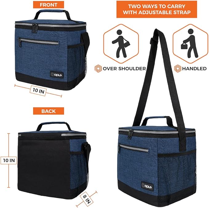opux Extra Large Insulated Lunch Box Men Women, Lunch Bag for Work, Leakproof Soft Cooler Tote Adult, Lunch Pail, Picnic Beach Collapsible Food Bag with Shoulder Strap, Heather Navy