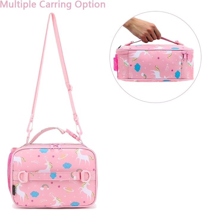 FlowFly Kids Lunch Bag, Durable Insulated School Lunch Box with Shoulder Strap and Bottle Holder, Water-resistant Thermal Small Lunch Cooler Tote for Teen Boys & Girls,Pink#Unicorn