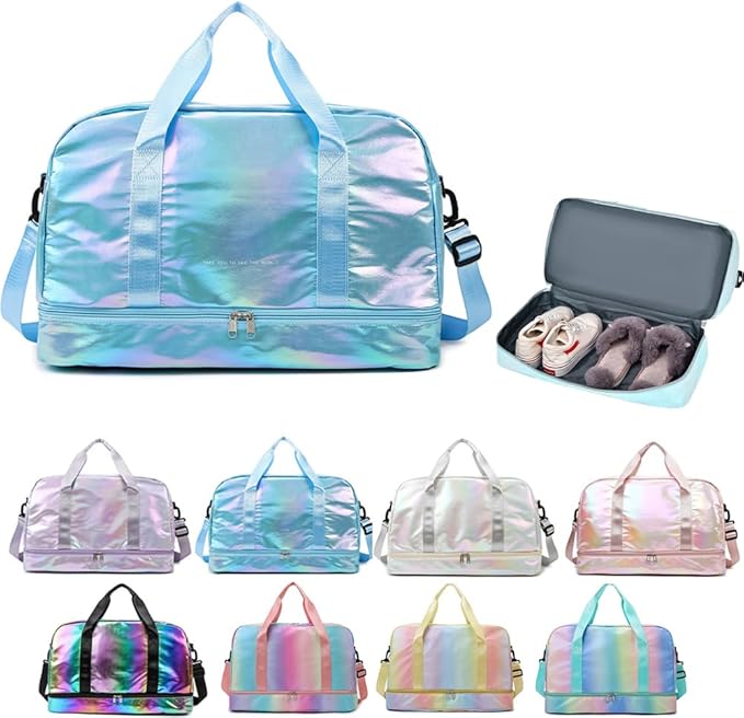 Holographic Shimmering Gym Duffle Bag with Shoes Compartment & Wet Pocket, Women Weekend Overnight Travel Bag Gymnastic Dance Bag for Girl (blue)