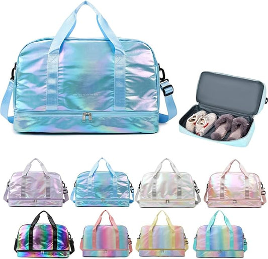 Holographic Shimmering Gym Duffle Bag with Shoes Compartment & Wet Pocket, Women Weekend Overnight Travel Bag Gymnastic Dance Bag for Girl (blue)