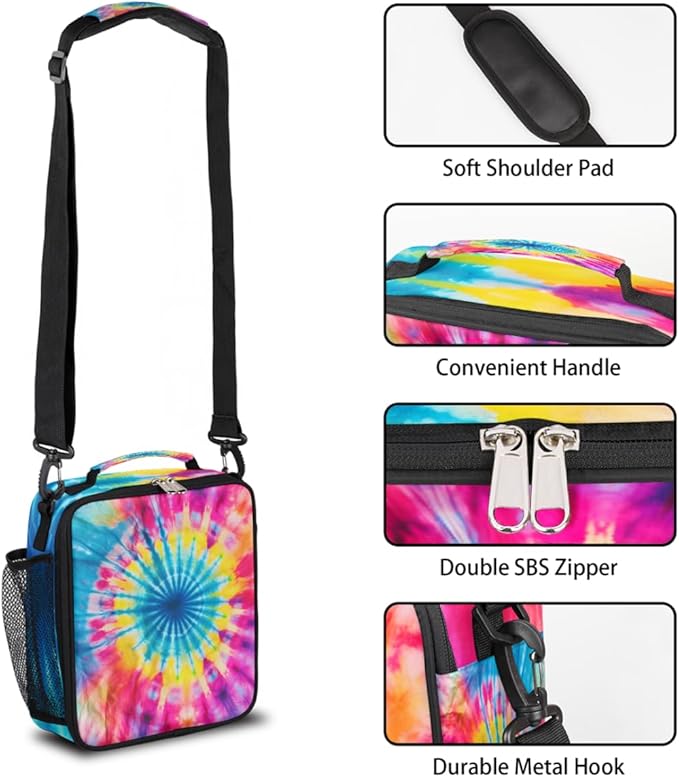 Pardick Rainbow Swirl Kids Lunch Bag Abstract Tie Dye Insulated Lunch Box Mini Cooler Back to School Thermal Meal Tote Kit Bento Tote Bags Thermal Lunchbox for Boys Girls