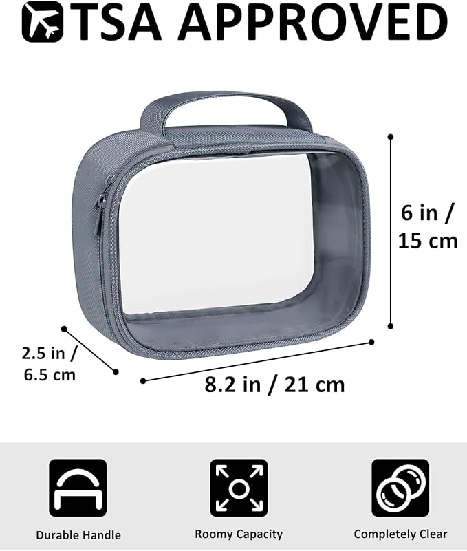 Moyad TSA Approved Clear Toiletry Bag with Handle, 2 Pack Quart Size 3-1-1 Liquids Pouch for Travel, Transparent Makeup & Cosmetic Organizer for Women Men, Grey