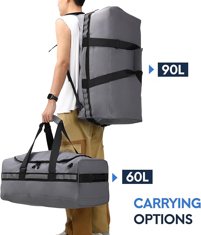 Haimont Gym Duffel Backpack Bag for Men Large Sports Duffle Bags with Backpack Straps for Hiking Travel Weekender Workout, Water Resistant, Gray, 90L