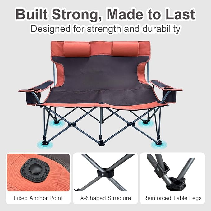 Double Camping Chair with Headrest and Footrest, 2 Person Folding Camping Loveseat Recliner, Portable Outdoor Loveseat Camping Chair with Cup Holder Armrest