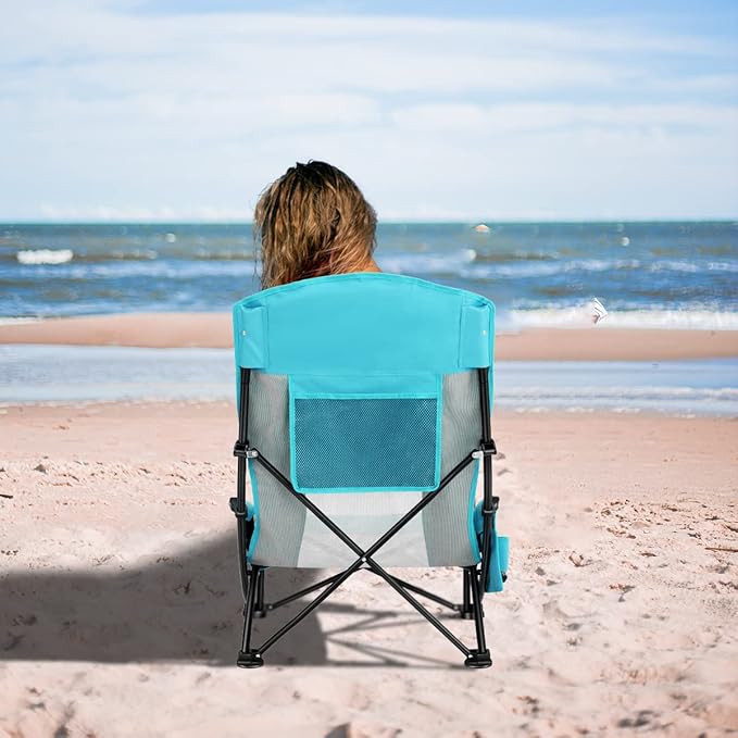 Oileus Folding Portable Beach Chair, Lightweight High Back Low Seat for Tent & Shelter & Camping, Full Mesh Back, Cup Holder, Storage/Carry Bag, Armrest - 1 Pcs