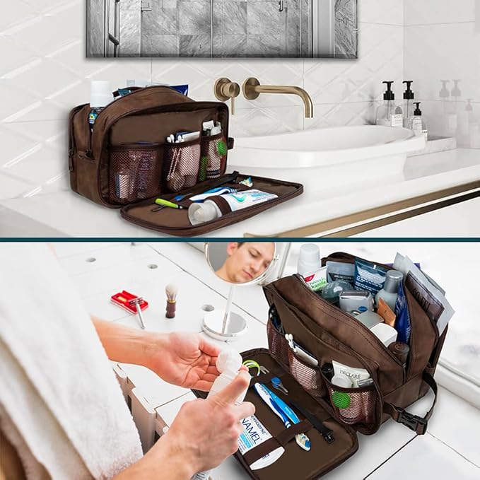 PAVILIA Toiletry Bag for Men, Travel Toiletries Bag | Water-resistant Dopp Kit, PU Leather Shaving Pouch Organizer for Accessories, Cosmetic, Hygiene, Grooming Essentials (Black)