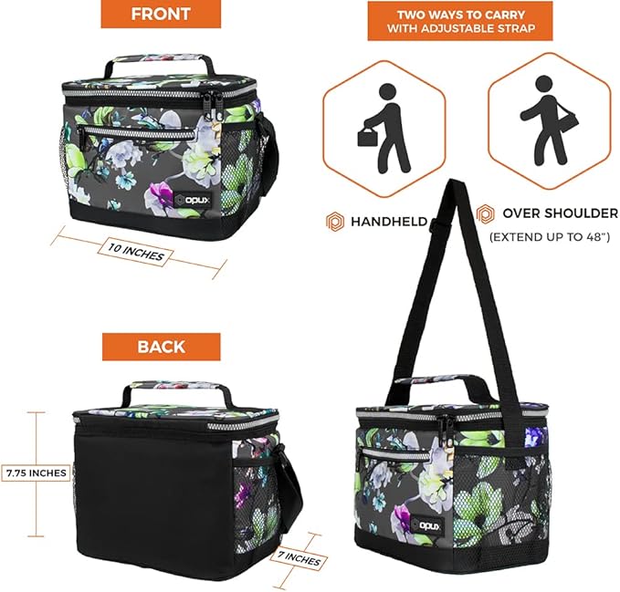 opux Insulated Lunch Box Men Women, Lunch Bag for Work School, Leakproof Soft Cooler Tote Adult, Large Lunch Pail Kids Boys Girls, Picnic Beach Food Bag with Shoulder Strap, Grey Floral