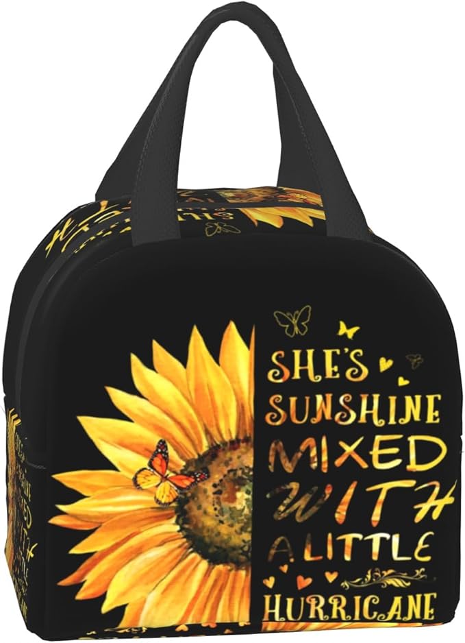 Giwawa Sunflower Insulated Lunch Bag for Girls Women, Sunshine Yellow Floral Inspirational Thermal Lunch Box with Front Pocket Reusable Meal Cooler Tote Bag for Kids Teens College Office
