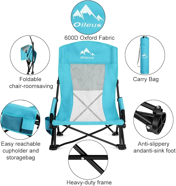 Oileus Folding Portable Beach Chair, Lightweight High Back Low Seat for Tent & Shelter & Camping, Full Mesh Back, Cup Holder, Storage/Carry Bag, Armrest - 1 Pcs