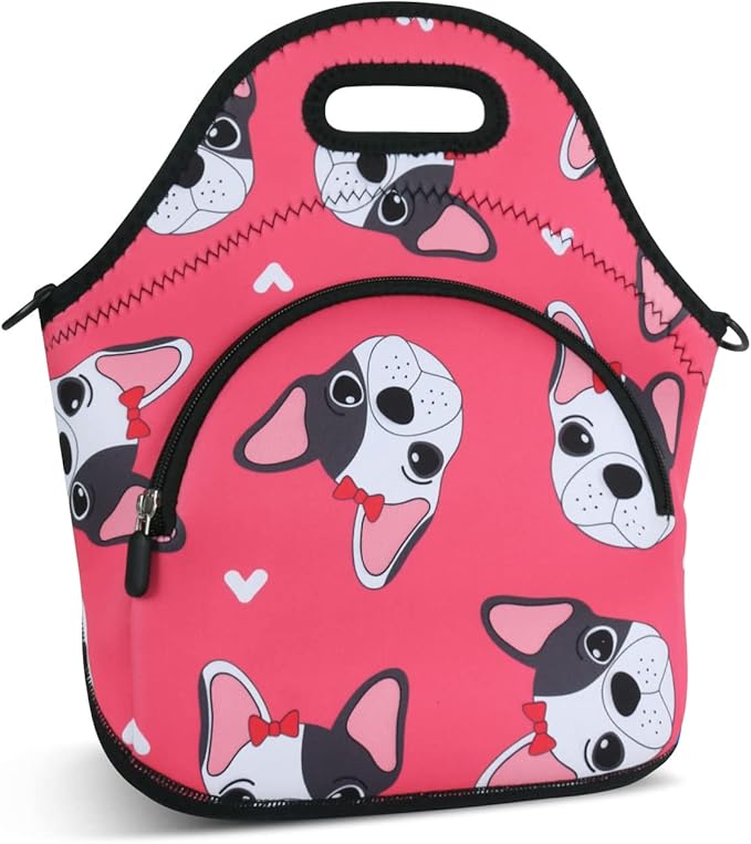Violet Mist Neoprene Lunch Bag Reusable Insulated Lunch Box with Adjustable Shoulder Strap&Pocket for Women,Men,Adults,Cute Cartoon Dog Pink Snack Bags Anime Animal Work Picnic Travel Food Handbags