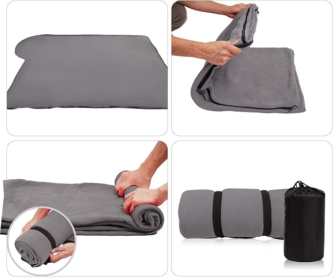 REDCAMP Fleece Sleeping Bag Liner with Hood, Great for Adult Warm or Cold Weather, 87" Long Full Sized Zipper Camping Blanket for Outdoor, Grey