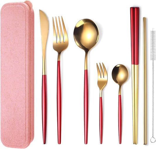 AARAINBOW 8 Pieces Stainless Steel Flatware Set Portable Reusable Cutlery Set Travel Utensils Set Including Chopsticks Knife Fork Spoon Straws Cleaning Brush Dishwasher Safe (Red Golden)
