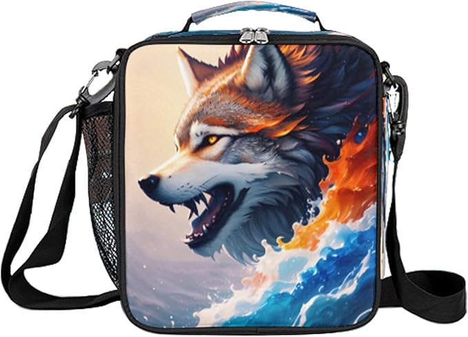 Wolf Colorful Ocean Wave Art Animal Boys Lunch Box, Reusable Insulated Waterproof With Adjustable Shoulder Strap, Thermal Cooler Tote Bag for School, Daycare, Picnic