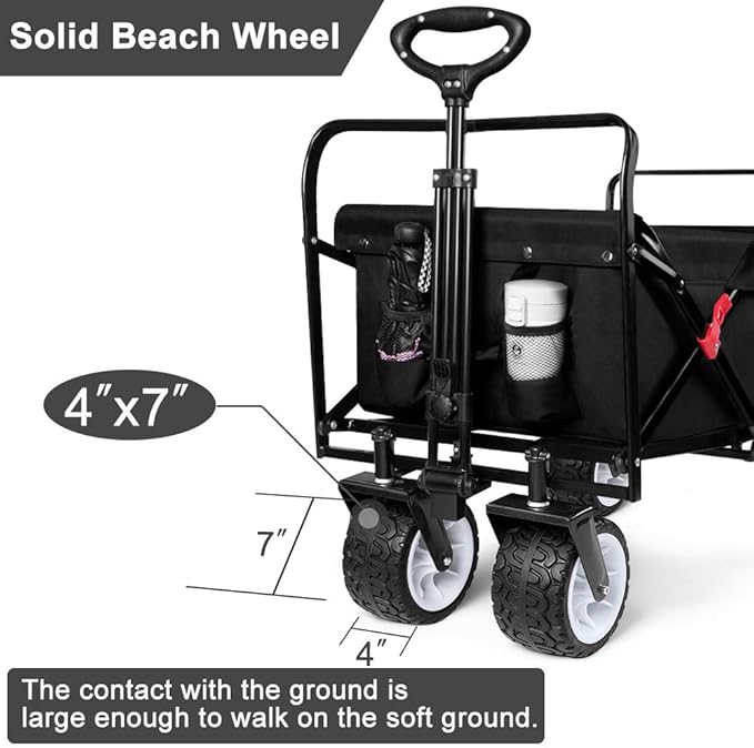 BEAU JARDIN Collapsible Folding Beach Wagon 460lbs Foldable Wagon Cart with All Terrain Big Sand Wheels Heavy Duty Utility Grocery Cart for Camping Garden Sports Shopping Black
