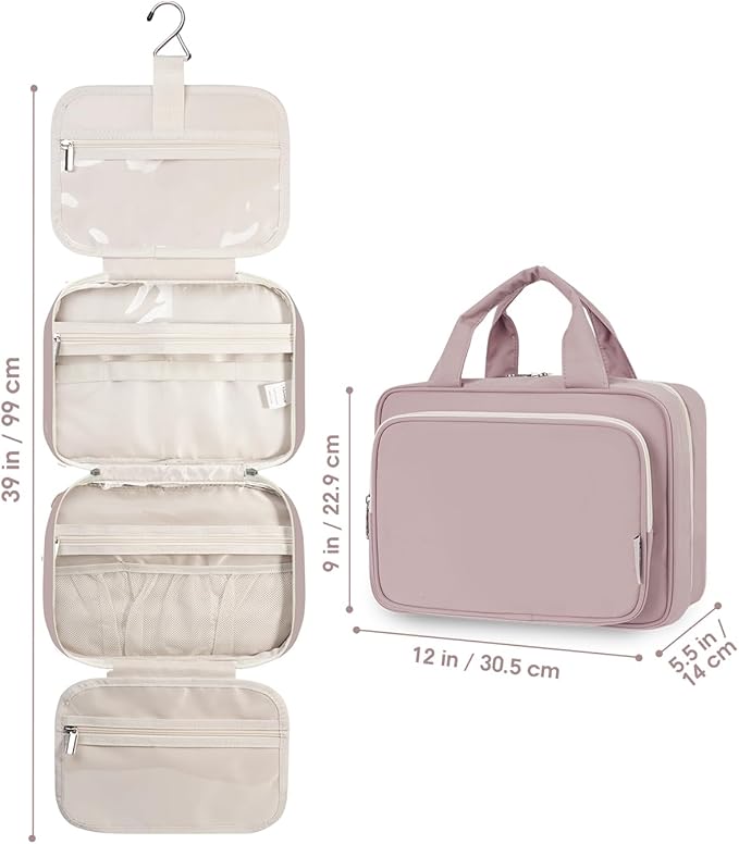 Travel Toiletry Bag for Women Large Hanging Makeup Bag Organizer Toiletries Bag for Full Size Essentials Accessories Cosmetics (Dusty Rose (Large))