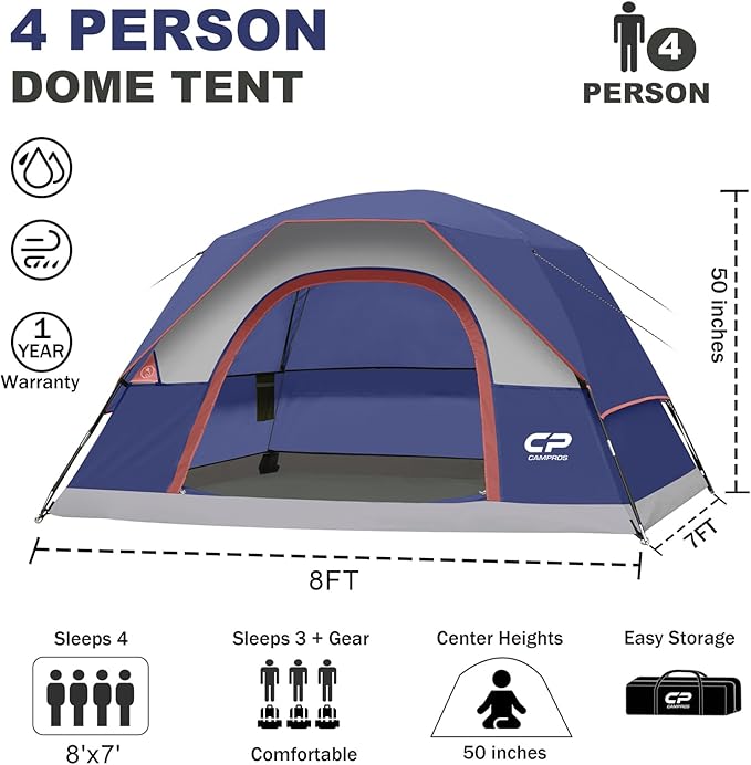 CAMPROS CP Tents for Camping 4/6 Person Tent Waterproof Windproof Double Layer Camping Tent, Easy Setup Dome Tent with Large Mesh Windows & Wider Door for Outdoor Camping & Hiking