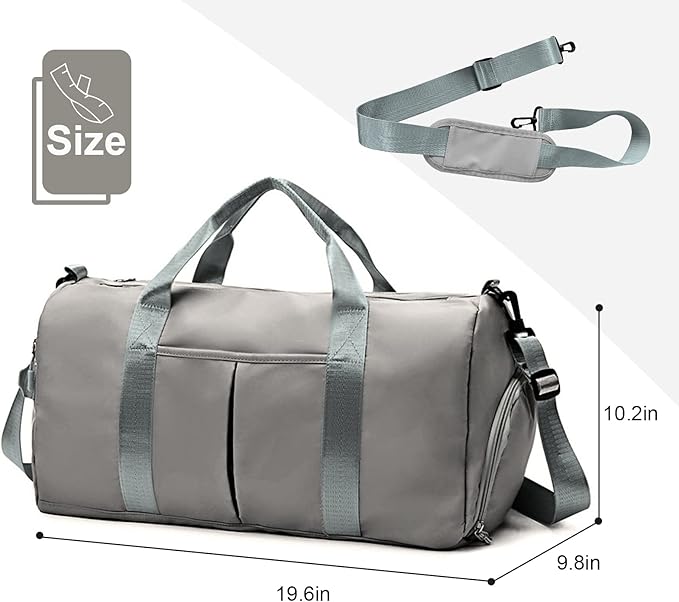 ZGWJ Sports Gym Bag with Wet Pocket & Shoes Compartment, Waterproof Shoulder Weekender Bag for Women and Men Swim Sports Travel Gym Bag Lightweight and easy Carry on Grey